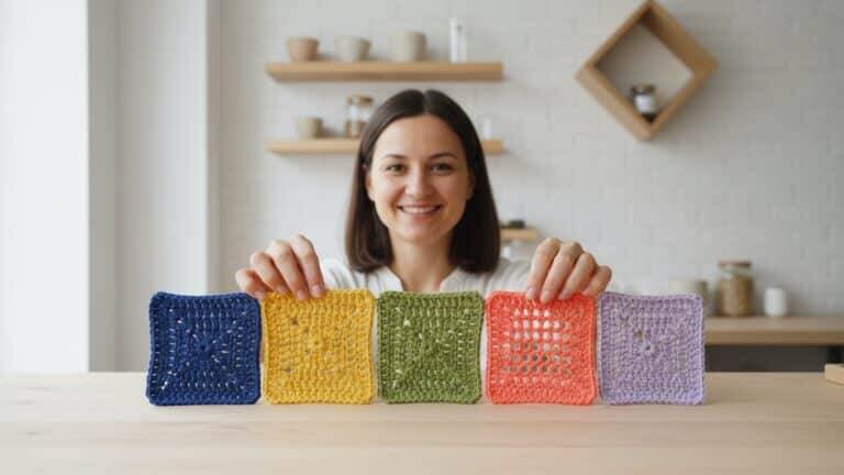 Mulher sorridente em ateliê artesanal minimalista mostrando amostras de crochê coloridas com diferentes texturas e pontos bem definidos sobre mesa de madeira clara, iluminação natural suave