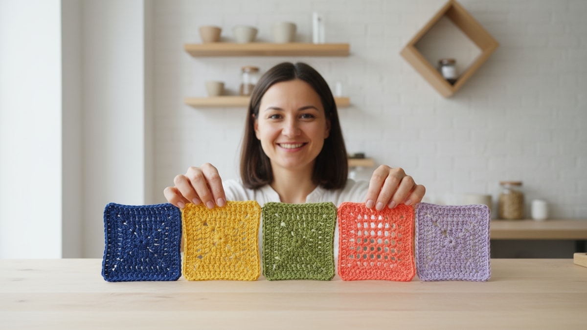 Mulher sorridente em ateliê artesanal minimalista mostrando amostras de crochê coloridas com diferentes texturas e pontos bem definidos sobre mesa de madeira clara, iluminação natural suave