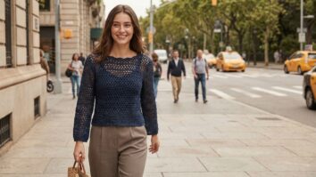 Mulher sorridente em ambiente urbano de cidade movimentada, usando blusa de crochê artesanal em algodão azul escuro com trama delicada e desenho bem definido, estilo elegante, moderno e sofisticado.