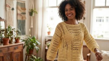Mulher sorrindo usando blusa de crochê em algodão amarelo com trama arejada, ambiente iluminado por luz natural difusa com fundo criativo.