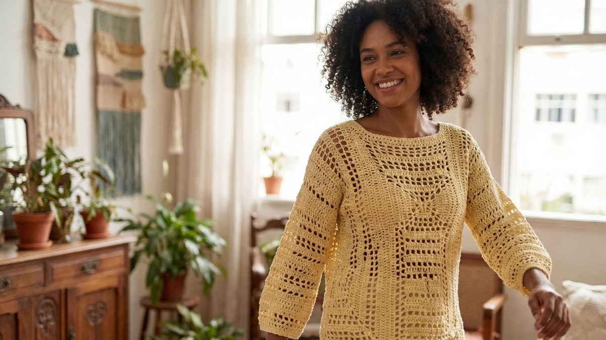 Mulher sorrindo usando blusa de crochê em algodão amarelo com trama arejada, ambiente iluminado por luz natural difusa com fundo criativo.