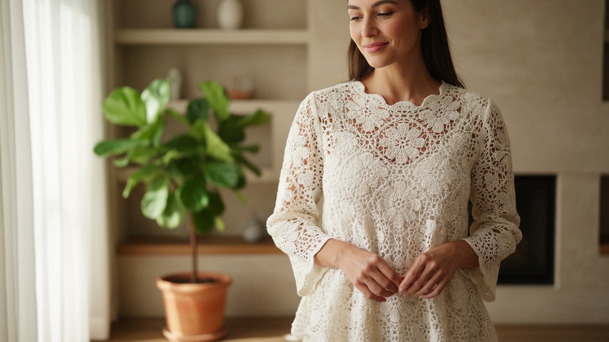 Mulher sorridente usando delicada blusa de crochê off-white em ambiente aconchegante com iluminação natural