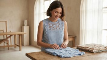 Mulher sorrindo usando blusa de crochê azul sem mangas com detalhes em ambiente de ateliê unificado.