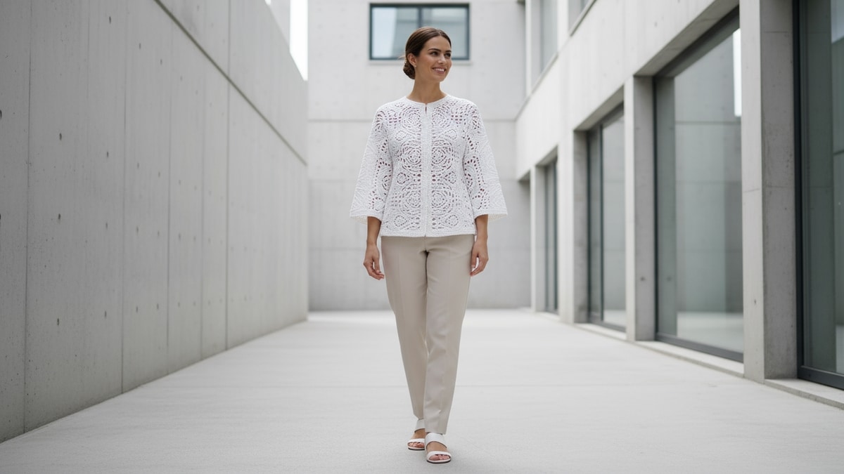 Mulher sorrindo usando blusa de crochê artesanal moderna em fio de algodão branco neve com trama média e acabamento limpo em ambiente urbano minimalista com luz natural difusa