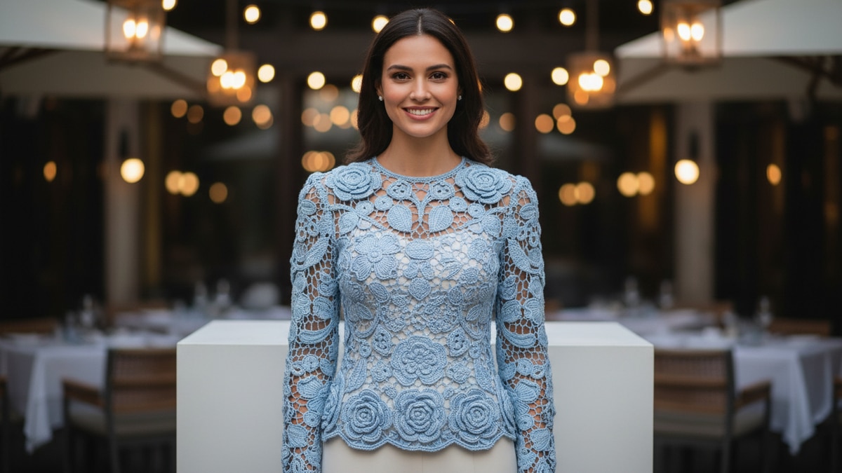 Mulher sorrindo com blusa de crochê irlandês em algodão mercerizado azul claro, cena editorial noturna em restaurante ao ar livre