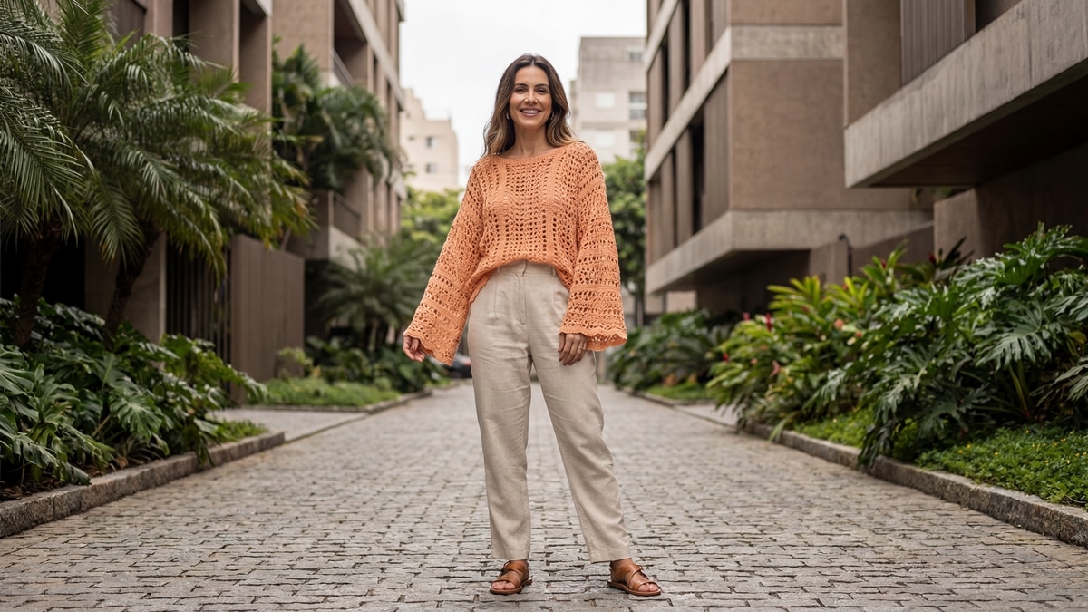 Mulher sorridente em ambiente urbano brasileiro usando blusa artesanal de crochê em algodão laranja, estilo moderno, delanal de crochê em algodão laranja, estilo moderno, delicado e romântico, com luz natural difusa revelando a trama suave e caimento leve da peça em composição sem recortes.