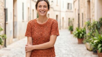 Mulher sorrindo usando blusa de crochê laranja centralizada, estilo casual-chic em ambiente urbano de verão.