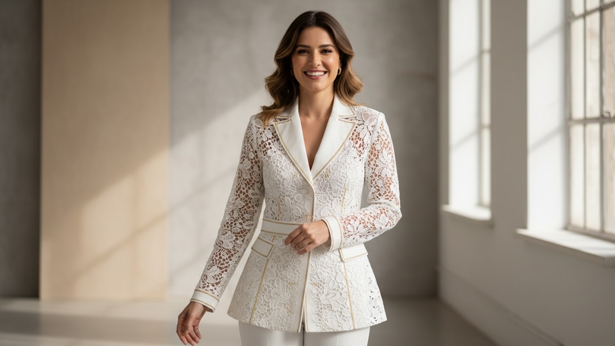 Mulher brasileira sorridente em ambiente minimalista wearing blusa de crochê branco neve com detalhes dourados, textura artesanal sofisticada e luz natural difusa.