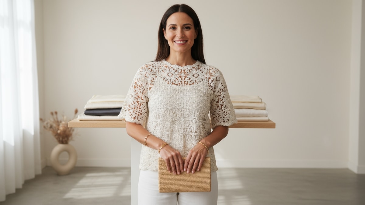 Mulher sorrindo em closet minimalista usando blusa de crochê luxuosa em tom neutro com joias minimalistas e clutch estruturada