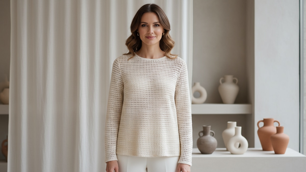 Mulher sorrindo usando blusa de crochê de luxo em fio de algodão mercerizado com textura linen stitch minimalista, em ambiente sofisticado com elementos discretos de linho e cerâmica, sob iluminação natural que realça o brilho do fio, o caimento polido e o acabamento impecável da peça.
