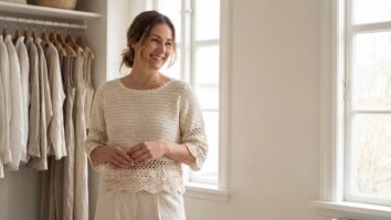 Mulher sorrindo usando blusa de crochê artesanal moderna em algodão cru/off-white, acabamento rendado delicado e trama leve, estilo fashion minimalista contemporâneo, em ambiente clean elegante.