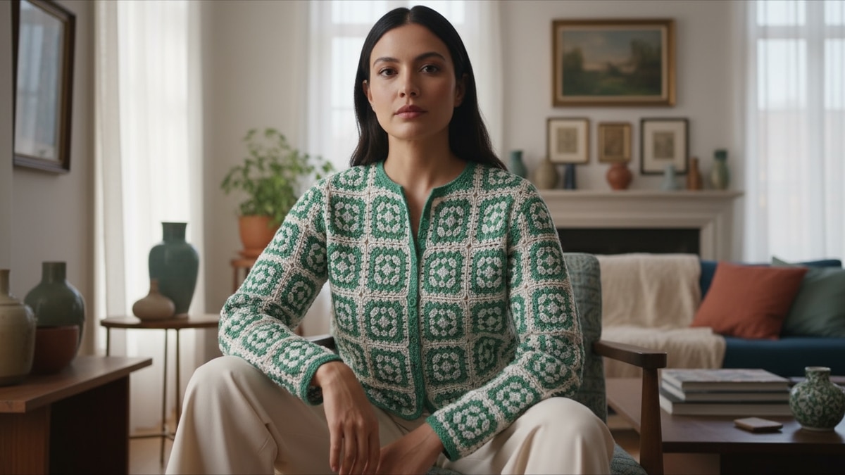 Mulher jovem em ambiente urbano sofisticado usando blusa de crochê verde e branca com padrão de squares geométricos, iluminada por luz natural difusa que destaca a textura artesanal.