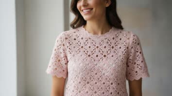 Mulher sorridente usando blusa de crochê rosa em algodão com textura artesanal sob iluminação natural difusa