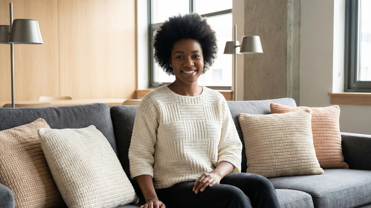 Mulher jovem sorridente sentada em sofá usando blusa de crochê moderna e criativa em algodão off-white com design minimalista, cercada por almofadas de crochê em cores coordenadas em ambiente urbano sofisticado.