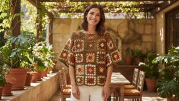 Mulher sorridente usando blusa de crochê artesanal com squares em tons terrosos elegantes, em cenário veranil com iluminação natural difusa e plantas verdes ao fundo, destacando a textura do trabalho artesanal em estilo boho.
