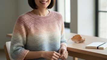 Mulher sorridente usando blusa de crochê topdown em algodão degradê com modelagem raglan simples, em ambiente sereno com elementos neutros como folha seca e caderno minimalista