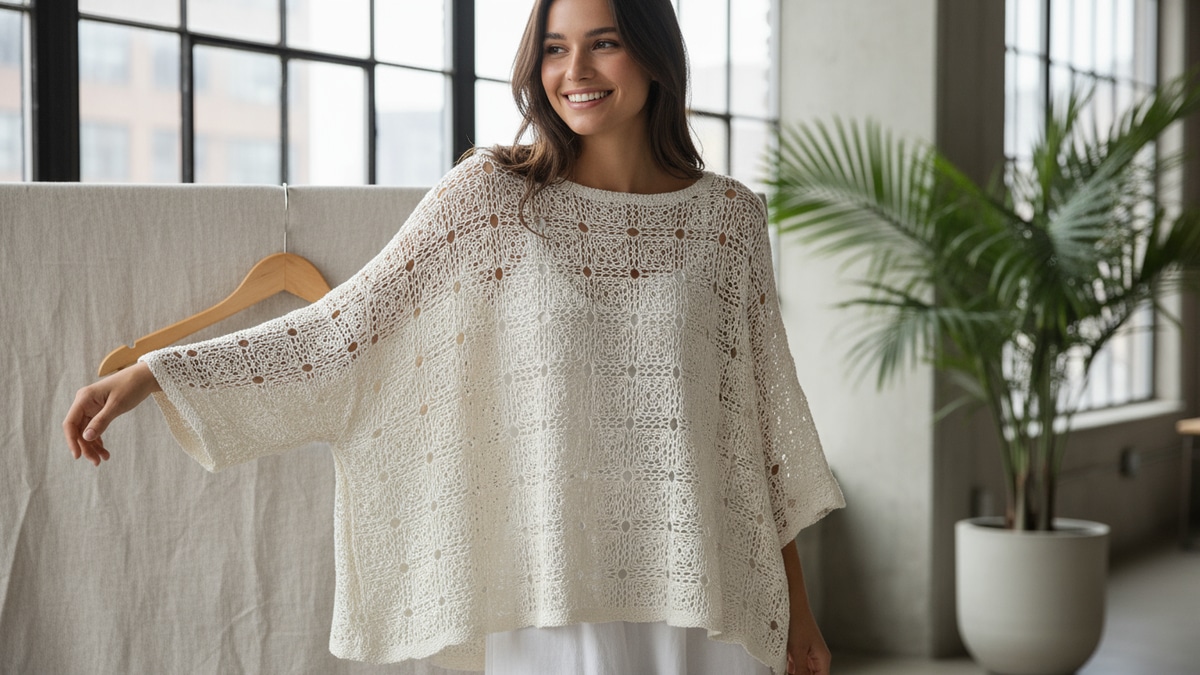 Mulher sorrindo usando blusa de crochê leve em algodão off-white com modelagem arejada para o verão em ambiente iluminado por luz natural