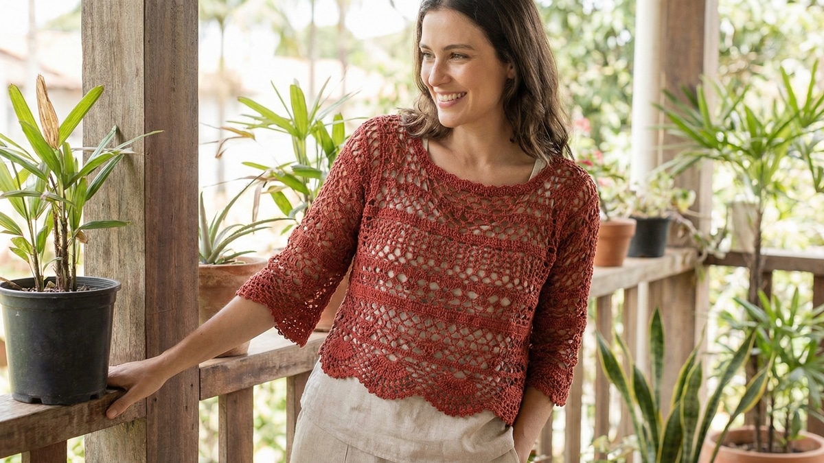Mulher sorrindo em blusa de crochê vermelho com estilo boho chic em ambiente brasileiro