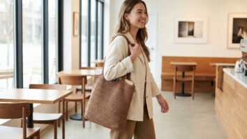Mulher sorridente usando bolsa de crochê artesanal em algodão marrom confeccionada em ponto alto, com trama bem definida, textura uniforme e estrutura firme, estilo prático, moderno e estiloso.