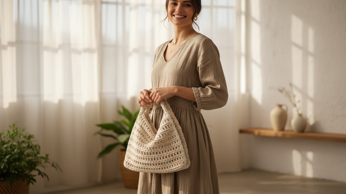 Mulher sorrindo segurando bolsa de crochê artesanal em ambiente iluminado por luz natural, com foco na textura e acabamento da peça
