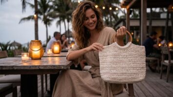 Mulher sorrindo exibindo bolsa de crochê branca em restaurante à beira mar, ambiente sofisticado noturno.