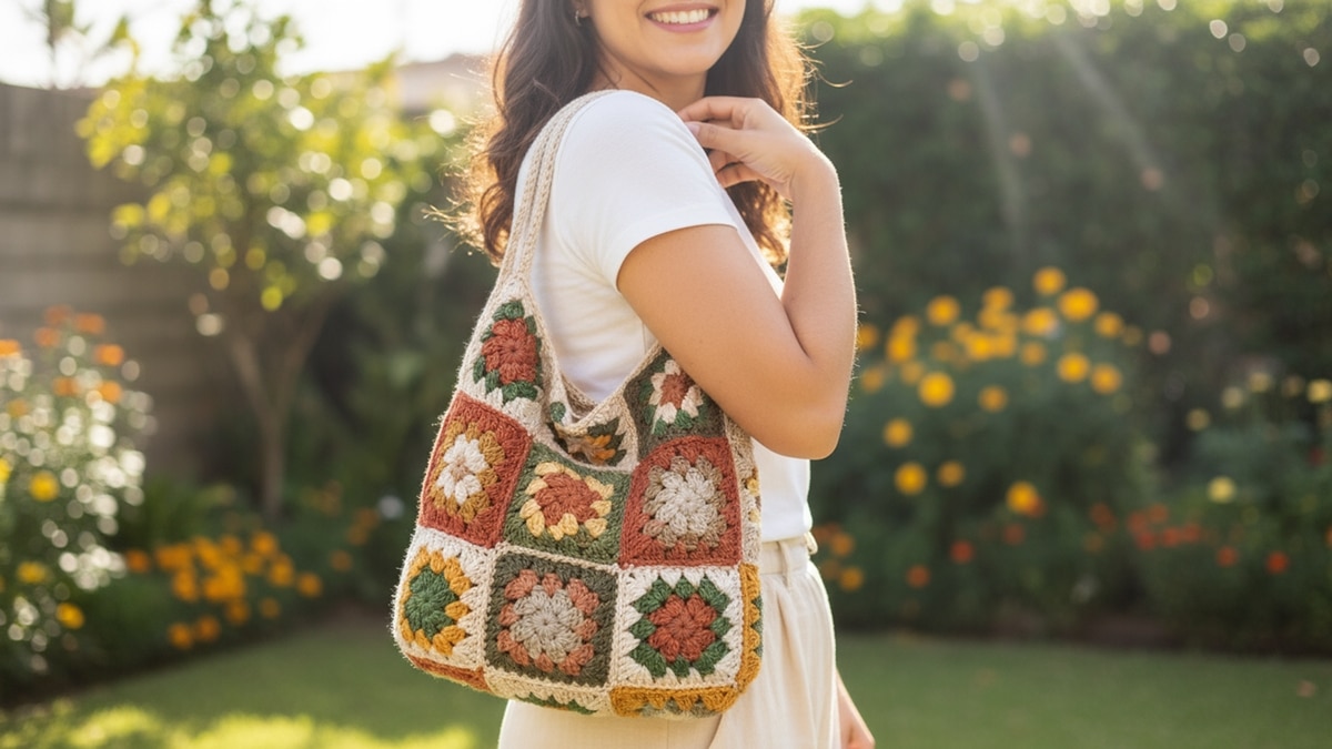 Mulher brasileira sorridente em ambiente natural segurando bolsa de crochê artesanal feita com granny squares coloridos