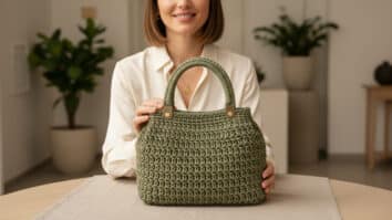 Mulher sorrindo usando bolsa de crochê de luxo com ferragens premium em ambiente contemporâneo com estética boutique