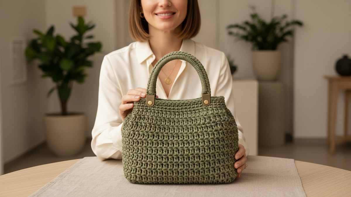 Mulher sorrindo usando bolsa de crochê de luxo com ferragens premium em ambiente contemporâneo com estética boutique