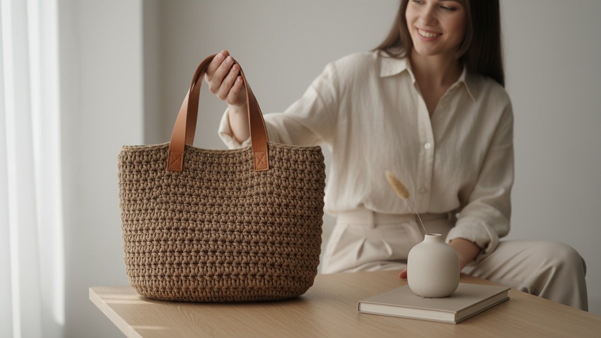 Mulher sorridente em estúdio minimalista exibindo bolsa tote de crochê marrom com alças de couro caramelo em ambiente elegante com livro e vaso