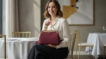 Mulher elegante sorrindo com bolsa de crochê em fio mercerizado premium em tom sofisticado, com estrutura em ponto baixo fechado, em ambiente refinado com elementos minimalistas de linho e metal dourado, sob iluminação que destaca o brilho do fio, a textura compacta e os detalhes de alta qualidade.