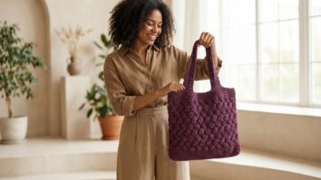 Mulher sorrindo segurando bolsa de crochê em algodão roxo escuro com trama elegante, ambiente com luz natural difusa