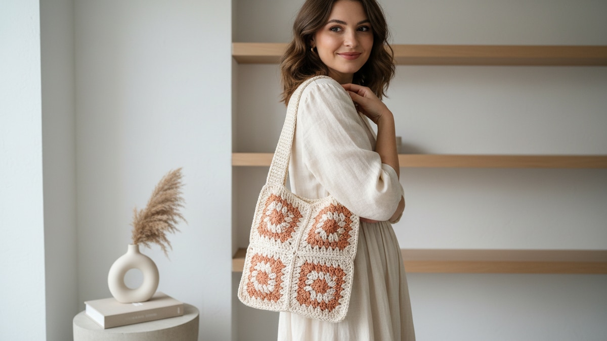 Mulher elegante sorrindo com bolsa de crochê pendurada no ombro, feita de squares em algodão cru com detalhes terracota em ambiente moderno com elementos minimalistas e luz natural difusa