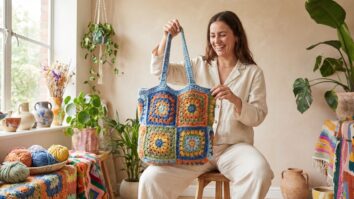 Mulher sorrindo usando bolsa de crochê confeccionada com squares coloridos em algodão, com combinação vibrante de tons e textura artesanal evidente, em ambiente criativo com luz natural difusa.