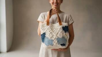 Mulher sorrindo com bolsa de crochê artesanal estilo tote feita com técnica de upcycling, combinando fio de algodão cru, retalhos de jeans e alça reutilizada de couro natural, em ambiente iluminado por luz natural suave