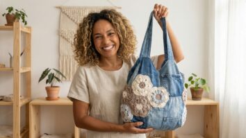 Mulher sorrindo segurando bolsa de crochê upcycling em base de jeans reaproveitados com aplicações em tons neutros, ambiente com luz natural difusa.