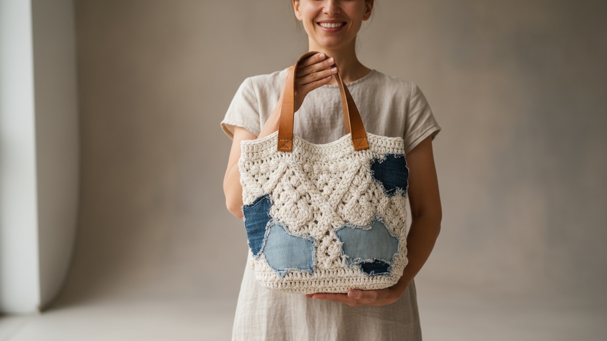 Mulher sorrindo com bolsa de crochê artesanal estilo tote feita com técnica de upcycling, combinando fio de algodão cru, retalhos de jeans e alça reutilizada de couro natural, em ambiente iluminado por luz natural suave