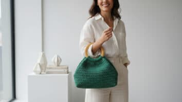 Mulher sorrindo usando bolsa de crochê verde com alça natural em ambiente contemporâneo com elementos decorativos sutis