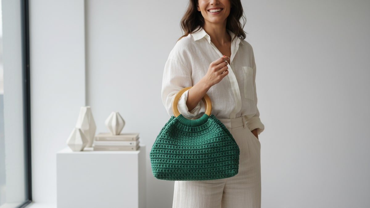 Mulher sorrindo usando bolsa de crochê verde com alça natural em ambiente contemporâneo com elementos decorativos sutis