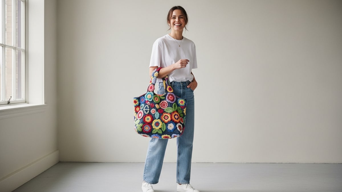 Mulher sorridente com bolsa jeans decorada com aplicações de crochê colorido em algodão, contraste urbano e criativo, luz natural e atmosfera contemporânea despojada.