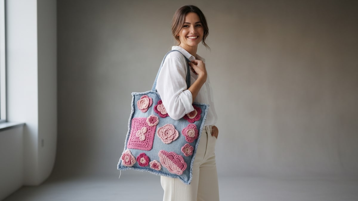 Mulher sorridente com bolsa jeans decorada com aplicações de crochê rosa, contraste urbano e criativo, luz natural e atmosfera contemporânea despojada.
