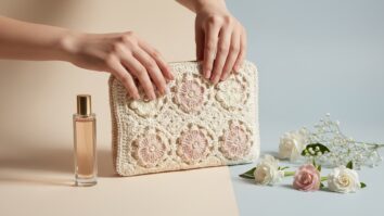 Mulher com bolsinha de crochê off-white pequena e delicada com detalhes florais, acompanhada de perfume e flores discretas, luz natural e atmosfera elegante e feminina.