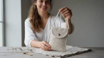 Mulher sorrindo com bolsinha porta celular de crochê cru sobre mesa com acessórios minimalistas