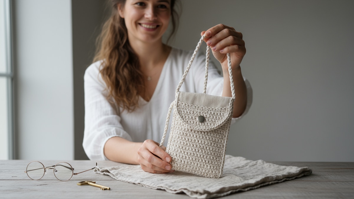 Mulher sorrindo com bolsinha porta celular de crochê cru sobre mesa com acessórios minimalistas