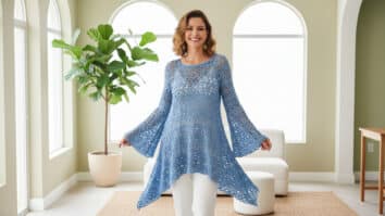 Mulher brasileira sorrindo usando blusa de crochê azul em ambiente iluminado por luz natural, destacando a trama e caimento da peça artesanal