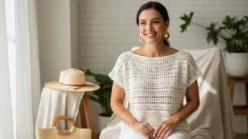 Mulher brasileira sorridente usando blusa de crochê artesanal em tom off-white, com textura delicada e acabamento refinado, em ambiente com acessórios naturais e iluminação suave que realça os detalhes do trabalho manual.