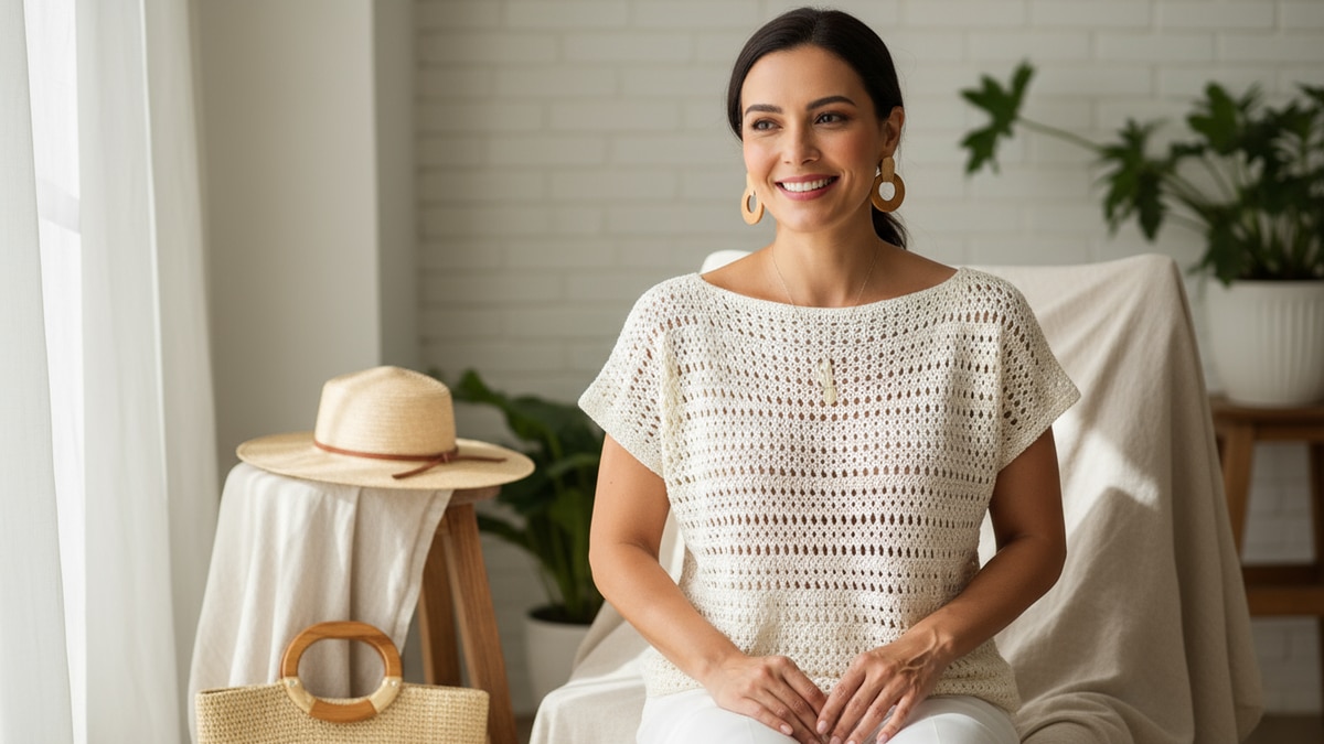 Mulher brasileira sorridente usando blusa de crochê artesanal em tom off-white, com textura delicada e acabamento refinado, em ambiente com acessórios naturais e iluminação suave que realça os detalhes do trabalho manual.
