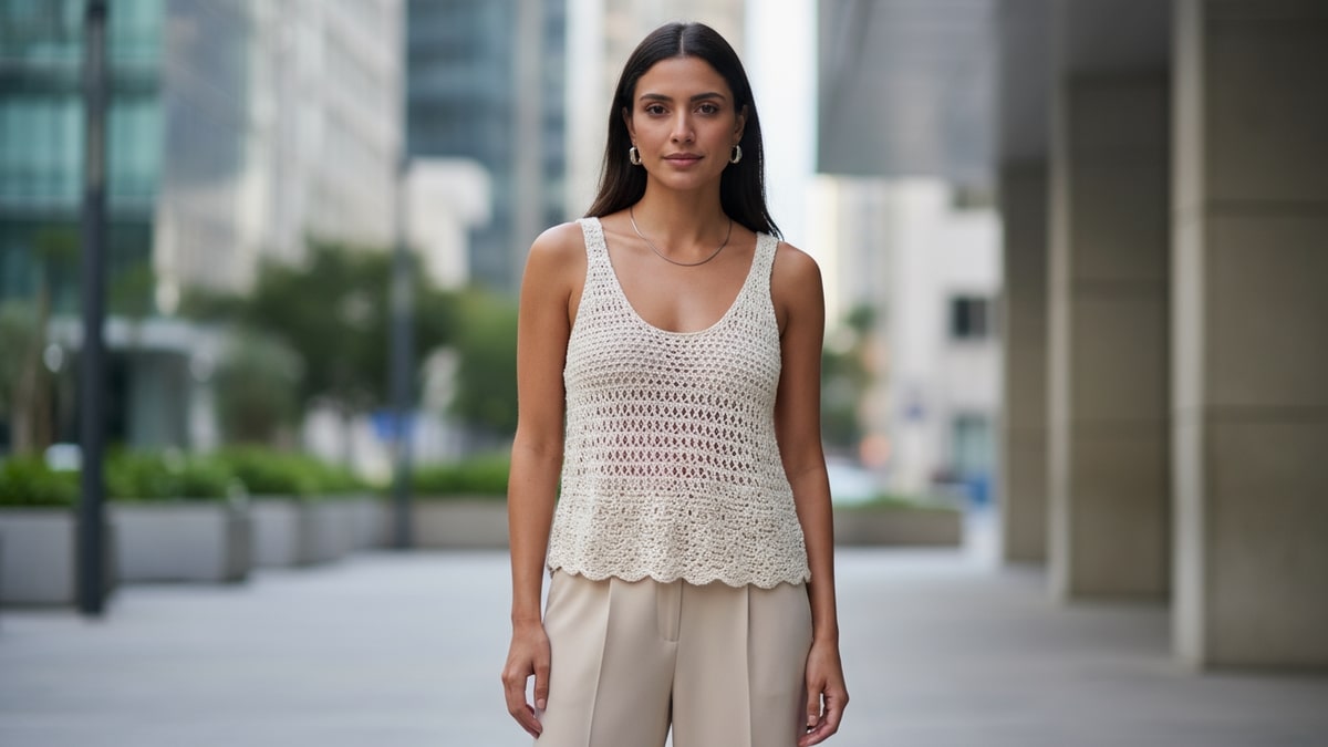 Mulher brasileira em ambiente urbano contemporâneo usando blusinha regata de crochê artesanal com calça de alfaiataria clara e acessórios metálicos, iluminação natural