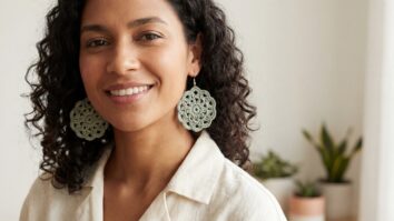 Mulher brasileira sorrindo usando brincos de crochê artesanal verde em fio de algodão leve, estilo minimalista sustentável floral, com textura rendada delicada e acabamento suave, luz natural difusa.