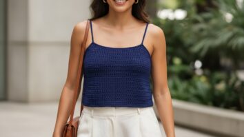 Mulher brasileira sorridente em ambiente urbano de verão usando cropped de crochê azul escuro com alças finas, combinado com calça de linho off-white e bolsa de couro natural, em cenário com vegetação suave e luz natural.