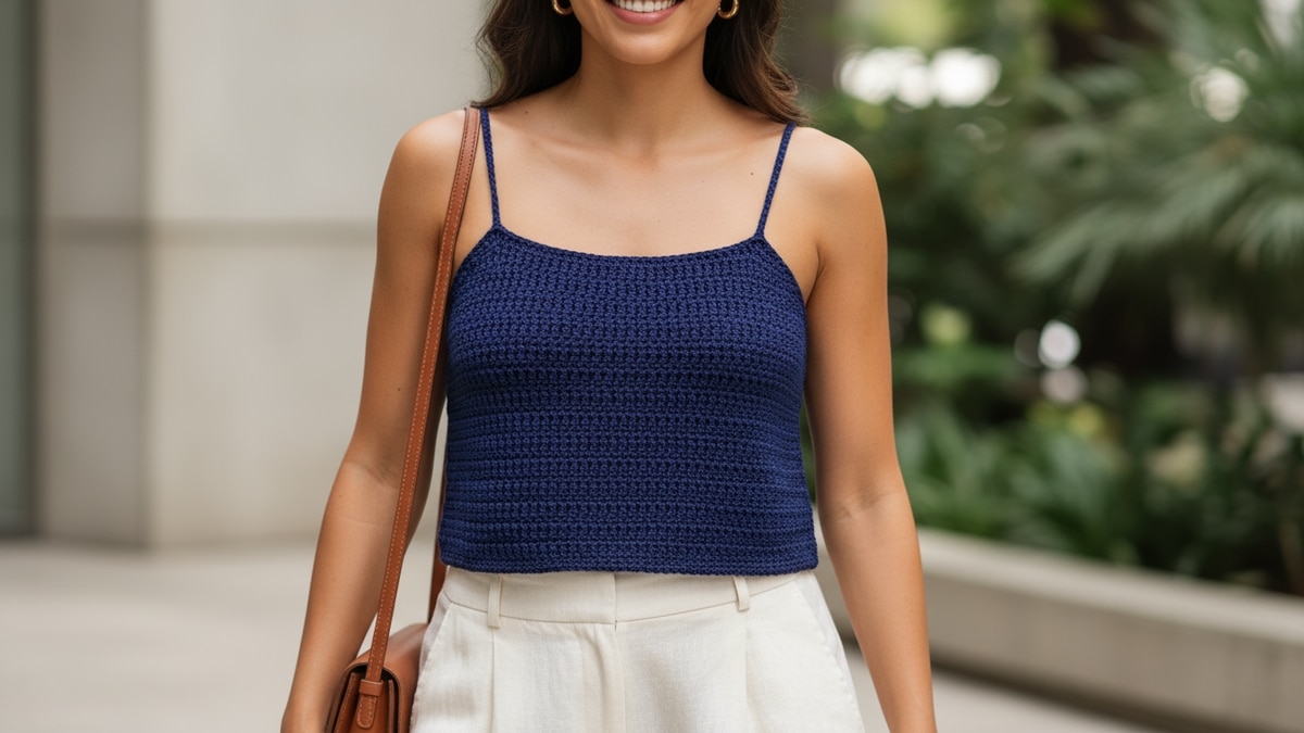 Mulher brasileira sorridente em ambiente urbano de verão usando cropped de crochê azul escuro com alças finas, combinado com calça de linho off-white e bolsa de couro natural, em cenário com vegetação suave e luz natural.